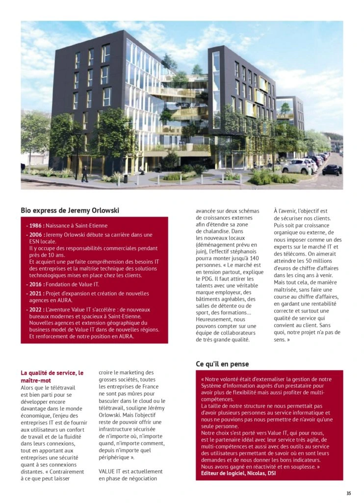 Article du Magazine Informations Entreprise mettant en avant l'expertise et le développement de Value IT, disponible dans le N°182 Avril, Mai et Juin 2022