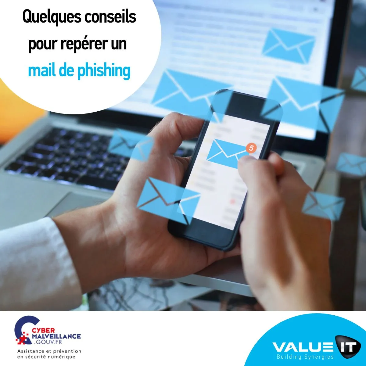 Les conseils pour repérer un e-mail de phishing : vérifier l'adresse de l'expéditeur, se méfier des liens, être vigilant face aux demandes urgentes et surveiller les erreurs de grammaire et d'orthographe